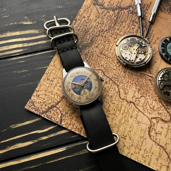 Rare vintage soviet wrist watch Pobeda 2-MChz Hand painted dial case 1950s - Sputnik1957