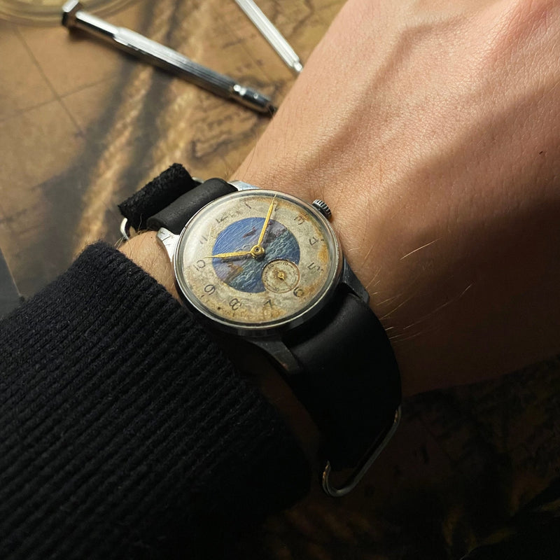 Rare vintage soviet wrist watch Pobeda 2-MChz Hand painted dial case 1950s - Sputnik1957