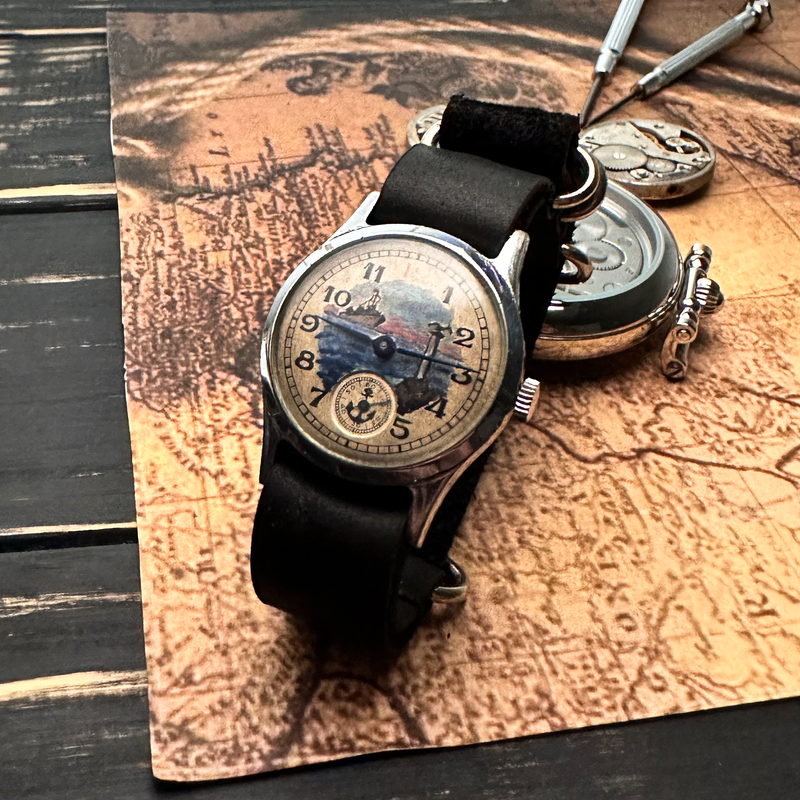 Rare vintage soviet wrist watch Pobeda Hand painted dial case 1950s