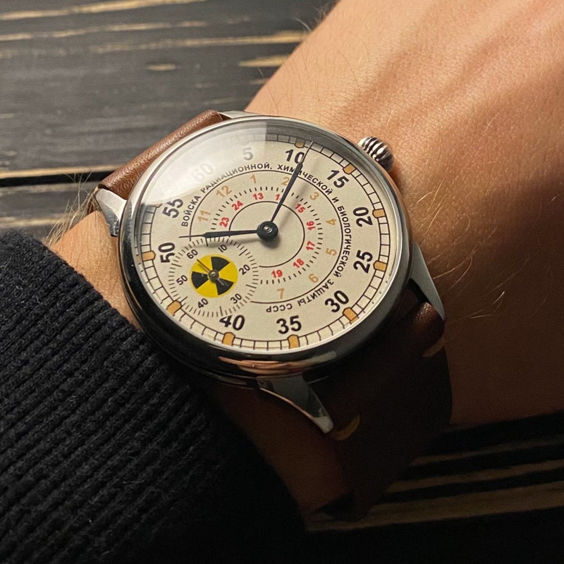 Rare! Vintage mens wrist watch Molnija "Radiation protection" 1970s - Sputnik1957