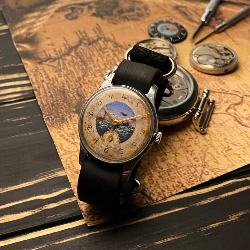 Rare vintage soviet wrist watch Pobeda 2-MChz Hand painted dial case 1950s - Sputnik1957